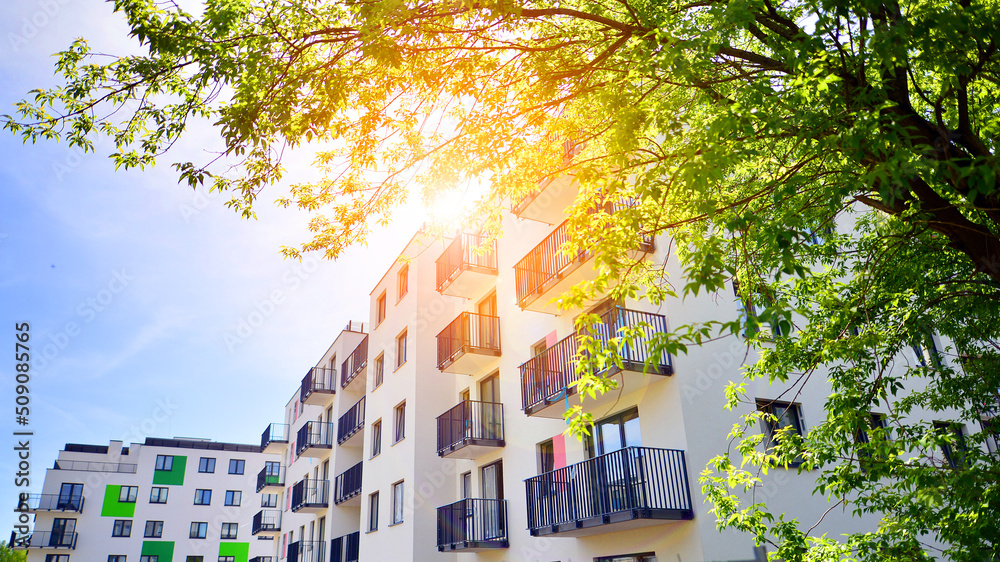 生态住宅建筑。树木附近的现代住宅建筑。生态和