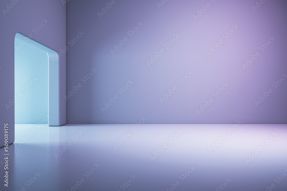 Light purple blank wall with place for your logo or text in empty hall area with glossy floor and su