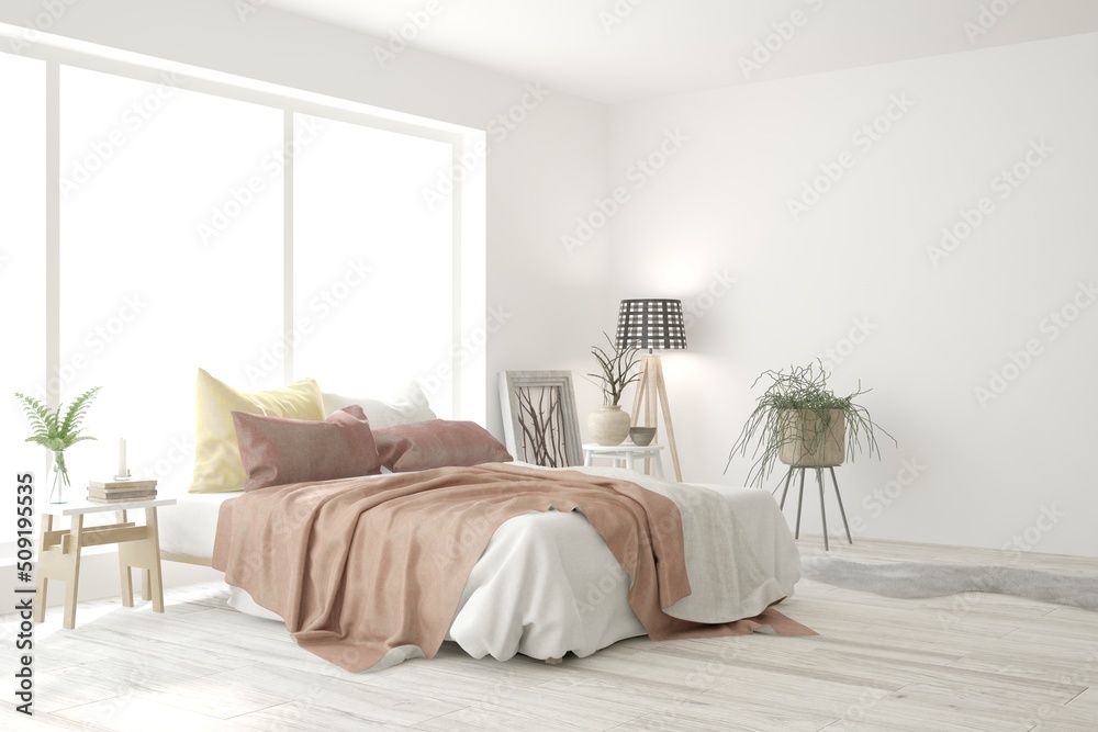 Soft color bedroom interior. Scandinavian design. 3D illustration