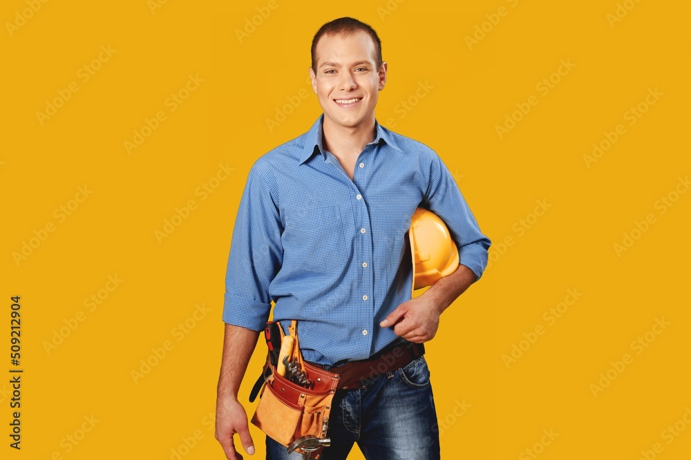 Young employee handyman man. Instruments accessories renovation apartment room Repair home concept