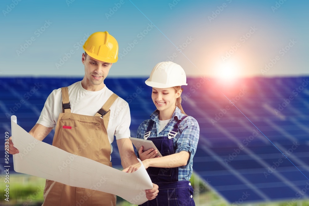 Specialist technician professional engineer checking installing solar roof panel on the factory