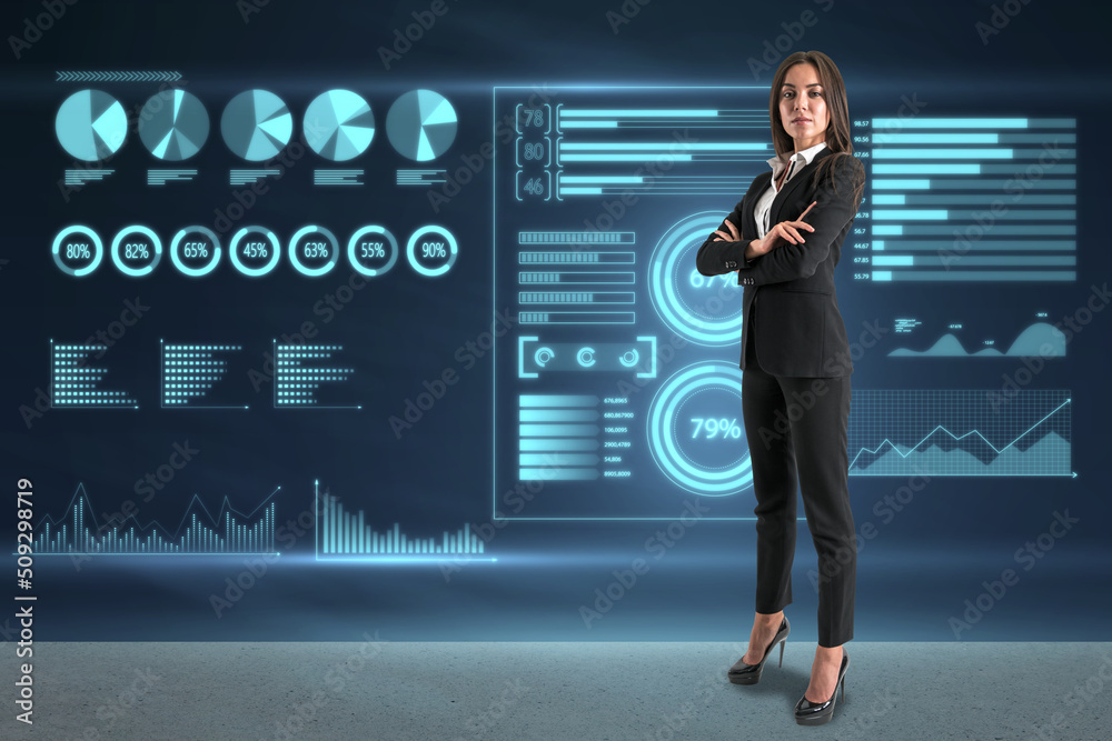 businesswoman with folded arms standing on abstract glowing background with business charts and grap