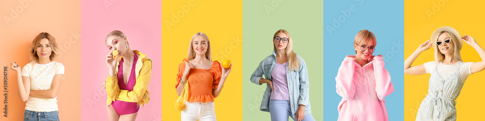 Set of pretty blonde women on colorful background