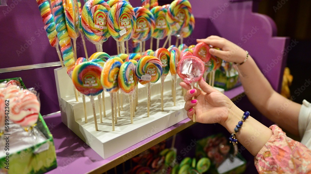 Products in souvenir boutique in indoor theme park