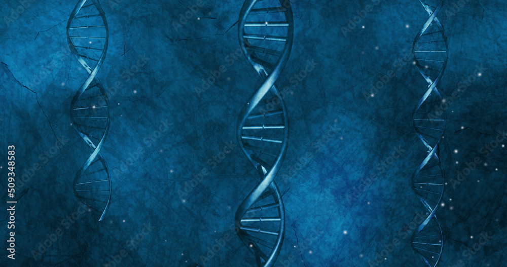 Image of dna strands over light spots on blue background