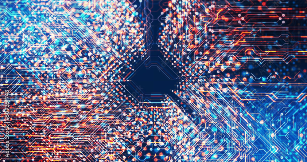 Image of technology circuit over black background