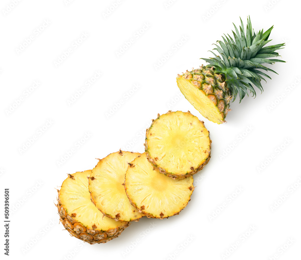 Top view of Pineapple slices isolated on white background.