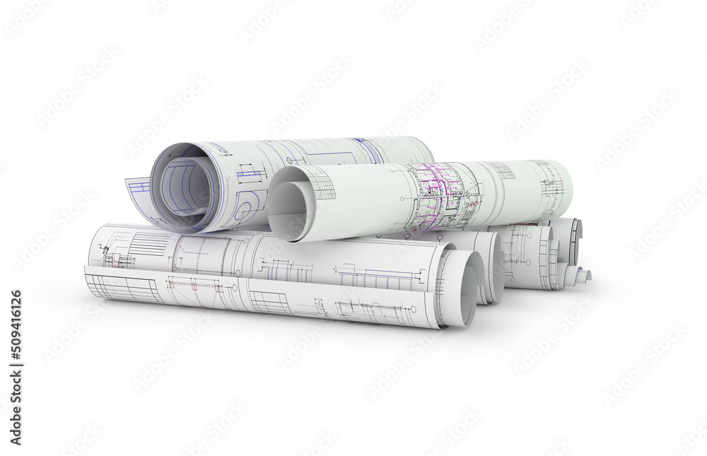 blueprins and construction plans in rolls isolated on white 3d illustrations