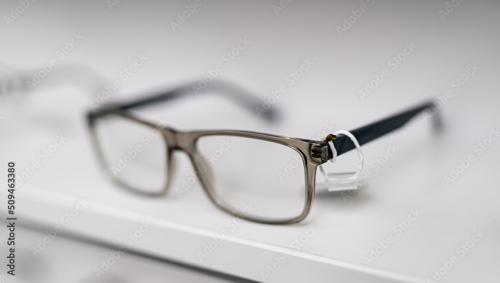 Fashionable optical eyeglasses macro. Eyesigth modern object close up view.