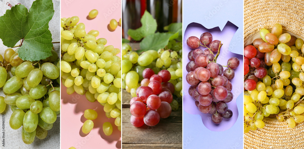 Collage with fresh ripe grapes