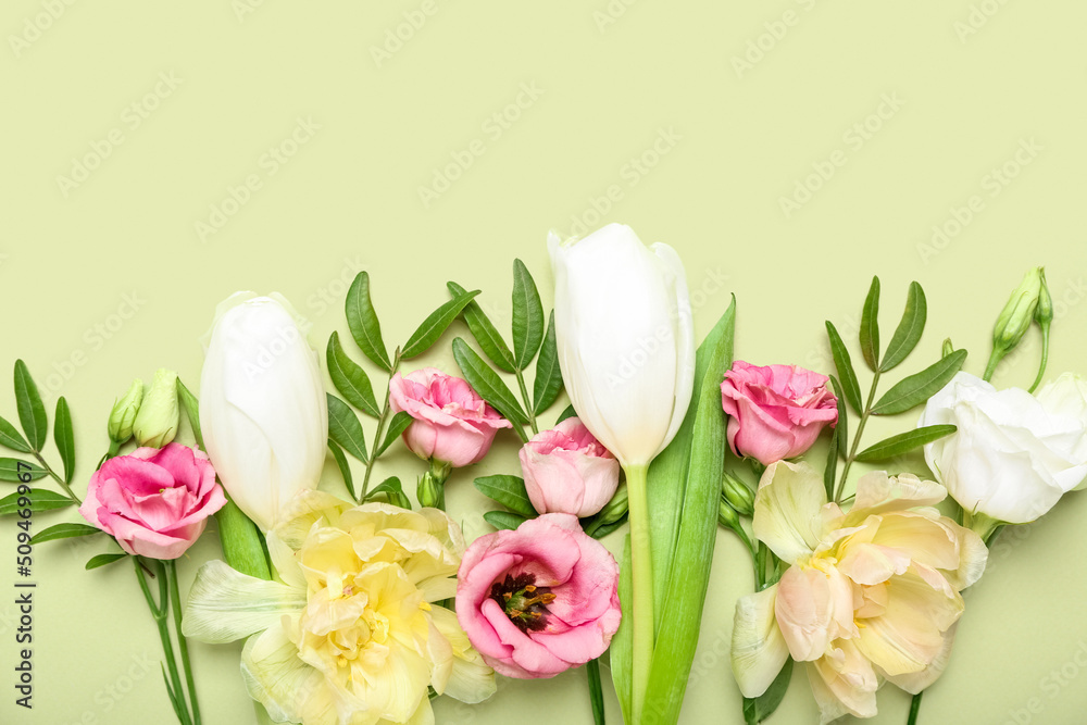 Beautiful flowers with leaves on green background