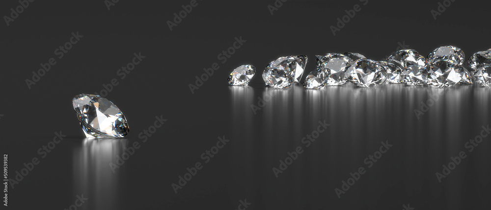 Round Diamonds group placed on dark glossy  background, 3d rendering