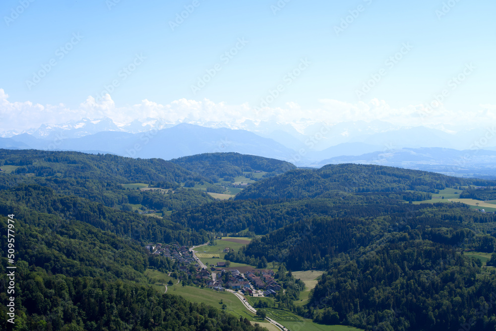 Aerial view of Canton Zürich with village Stallikon in the background seen from local mountain Uetli