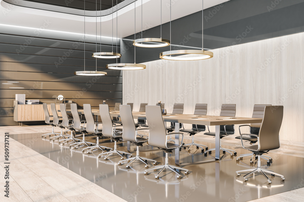 Perspective view on sunlit stylish spacious meeting room with modern round lamps above wooden confer