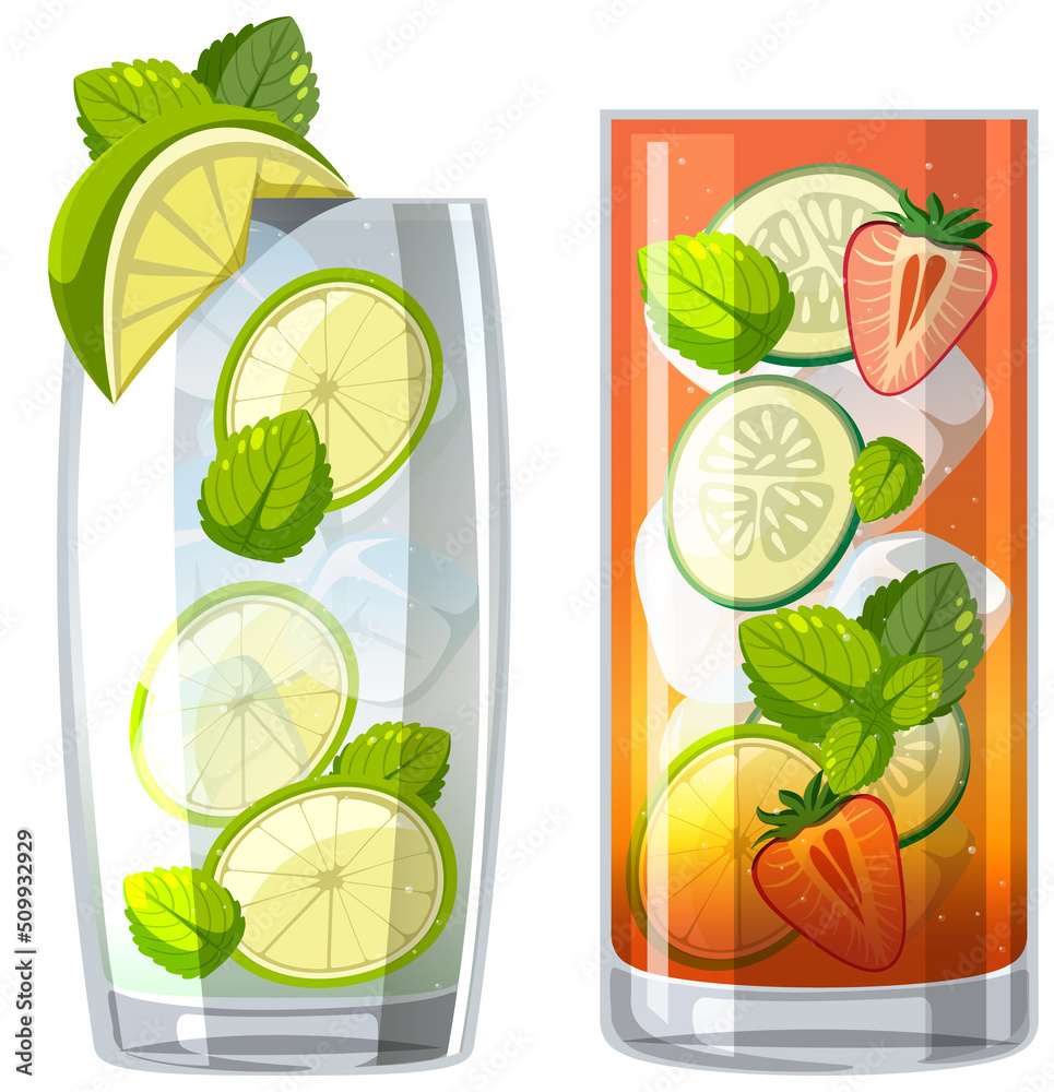 Mojito and Pimms cup cocktail in the glass on white background