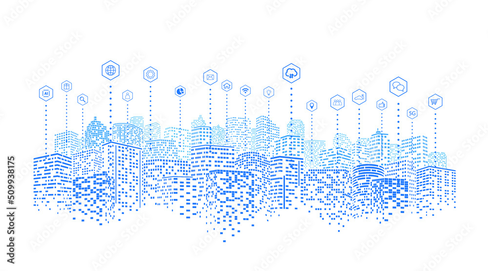 智慧城市理念。数字城市服务连接、物联网、t的网络通信