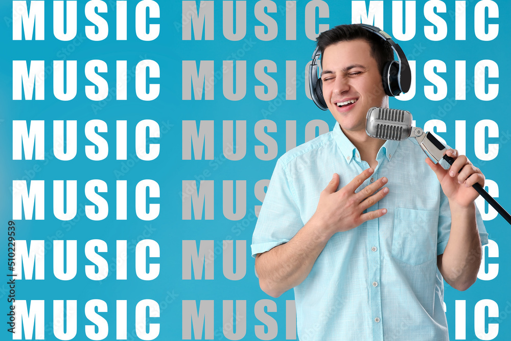 Male radio presenter on blue background with words MUSIC