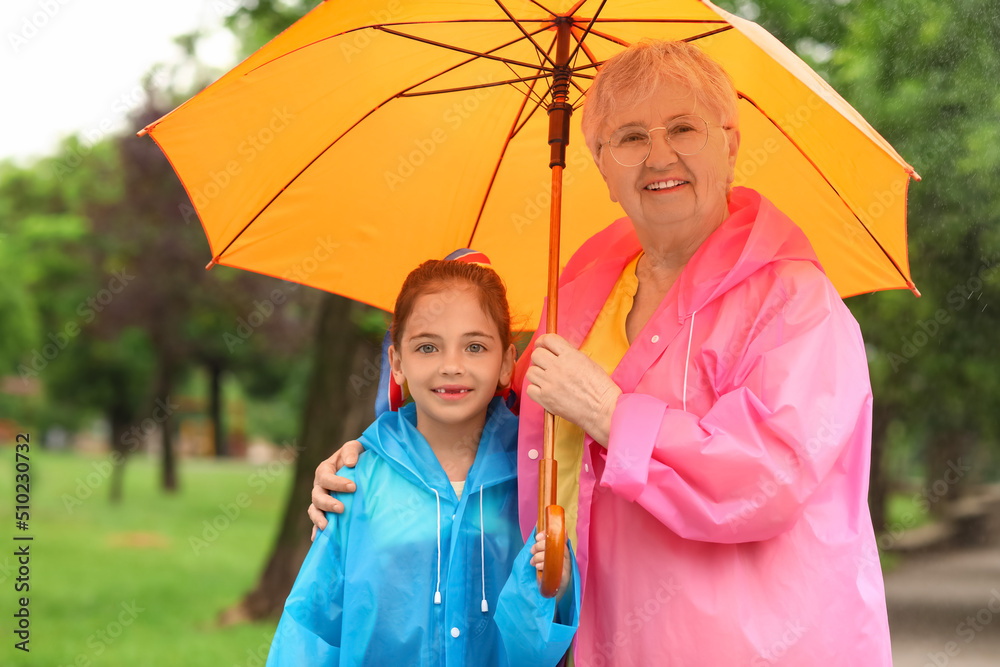 Little girl and her grandma in raincoats with umbrella outdoors