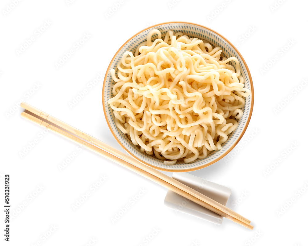 Bowl with tasty noodles and chopsticks on white background