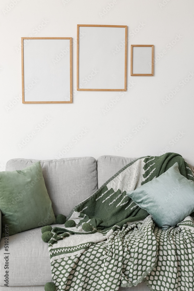 Interior of modern living room with sofa and blank frames