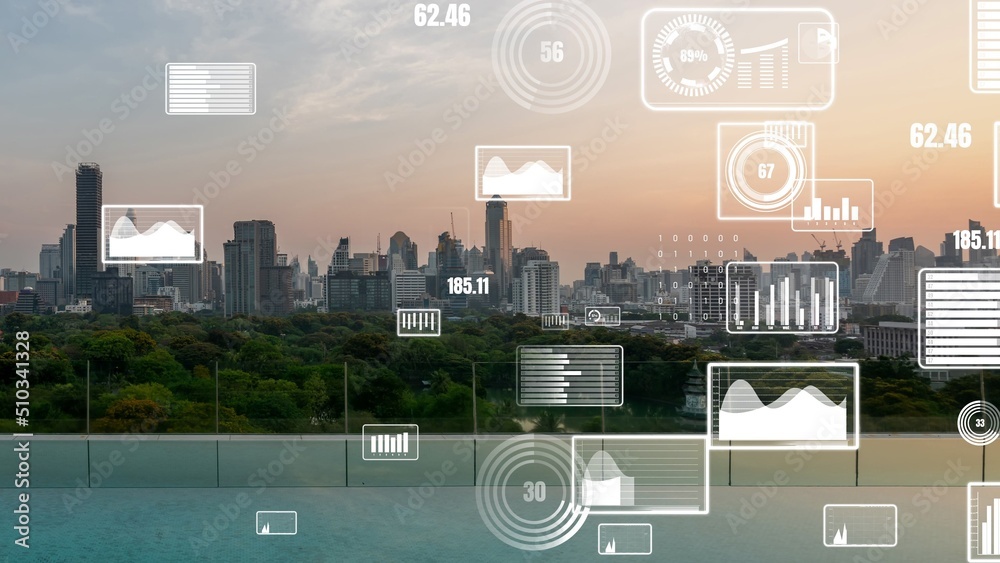 Business data analytic interface fly over smart city showing alteration future of business intellige