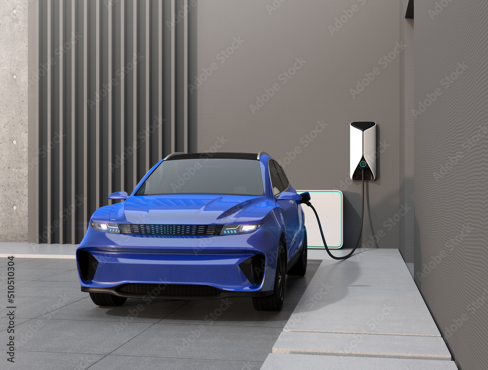 Front view of blue electric SUV charing at home garage. 3D rendering image.