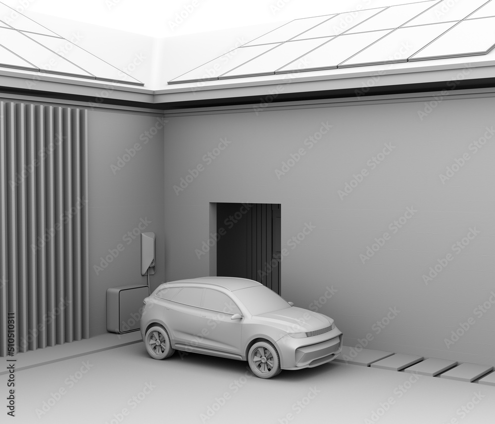 Clay rendering of electric SUV(Generic design) charing at home garage. Power by solar energy. 3D ren