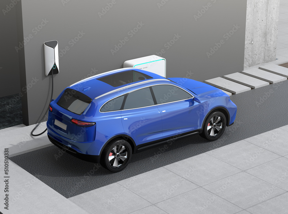 Rear view of blue electric SUV charing at home garage. 3D rendering image.