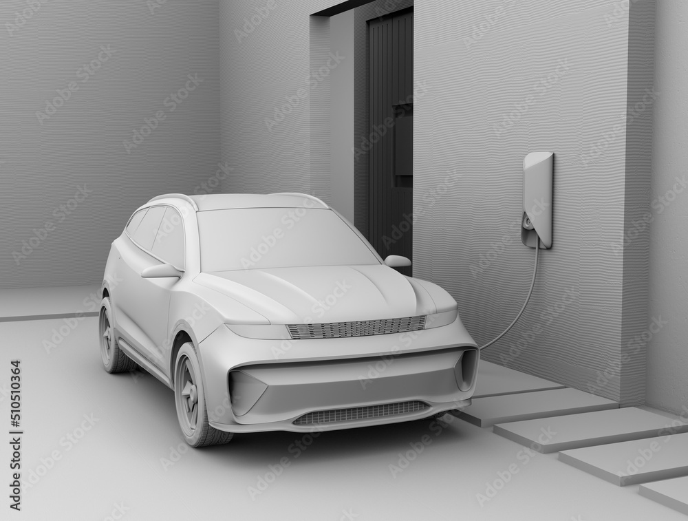 Clay rendering of electric SUV charing at home garage. 3D rendering image.