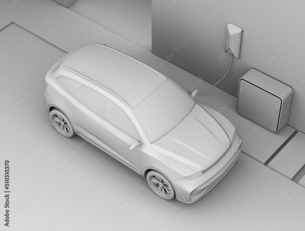 Clay rendering of electric SUV charing at home garage. 3D rendering image.