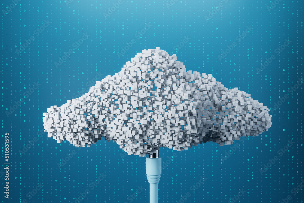 Cloud computing and information exchange concept with blue wire connected to white pixelate cloud on