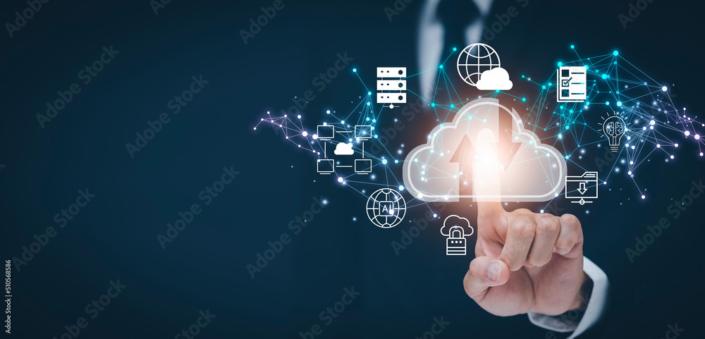 Man touching connect to data information on the Cloud Computing Technology Internet Storage Network 