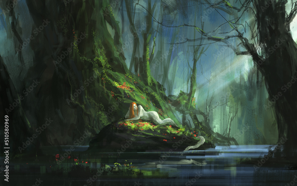 Elf reclining on a jungle stone, 3D illustration.