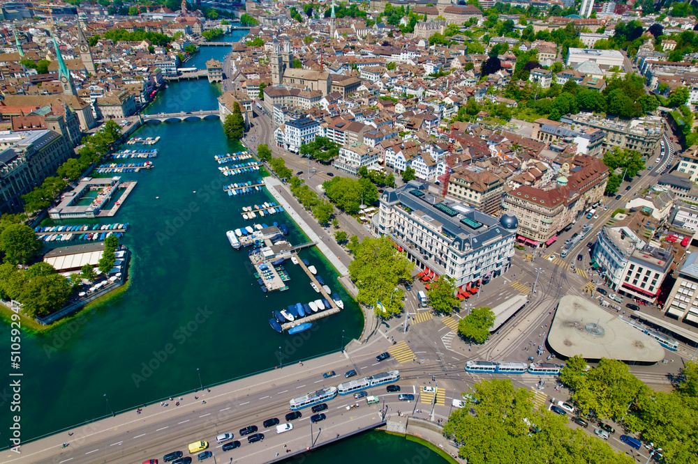 Aerial view of City of Zürich with Quay Bridge, River Limmat, Bellevue Square and the medieval old t