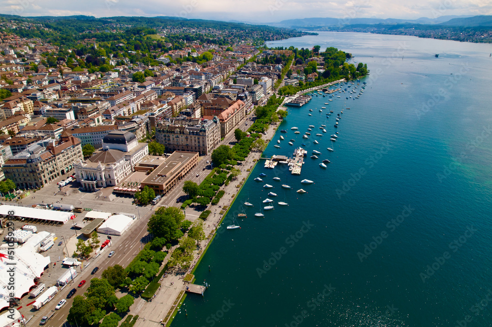 Aerial view of Lake Zürich and Uto Quay with opera house at City of Zürich on a sunny spring day. Ph