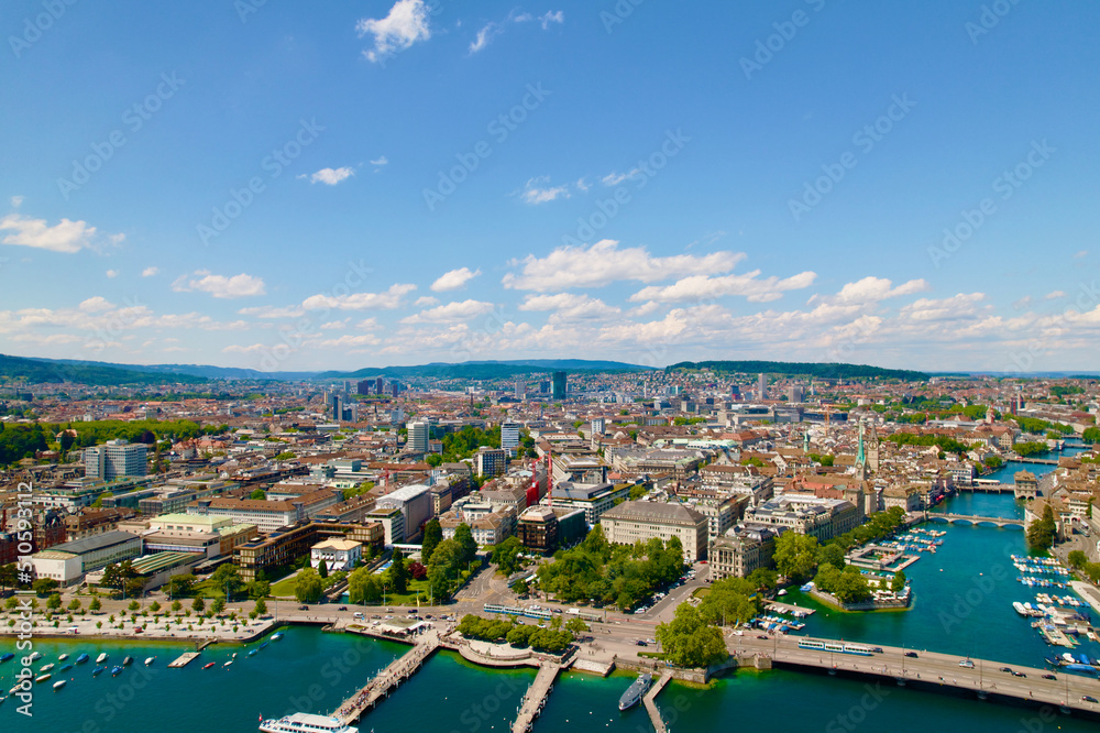 Aerial view of City of Zürich with Quay Bridge, River Limmat, Bellevue Square and the medieval old t