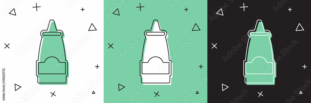 Set Sauce bottle icon isolated on white and green, black background. Ketchup, mustard and mayonnaise