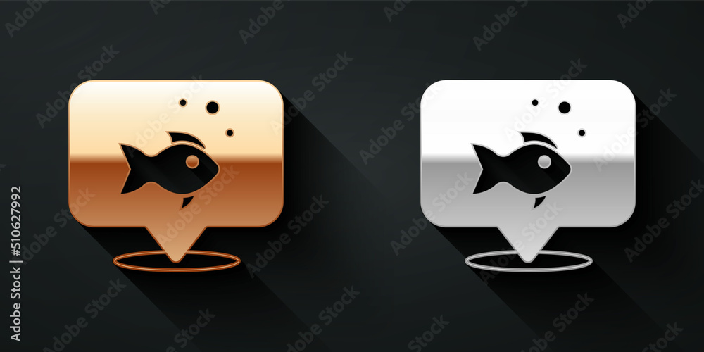 Gold and silver Fish icon isolated on black background. Long shadow style. Vector