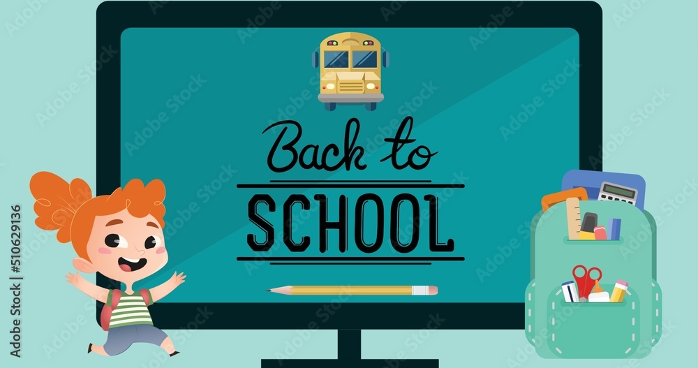 Illustration of girl and back to school text with bus on computer screen, backpack with stationery