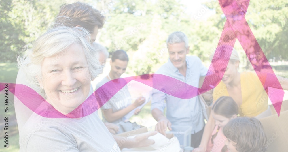 Multiple image of caucasian multigeneration people volunteering for donation and awareness ribbon