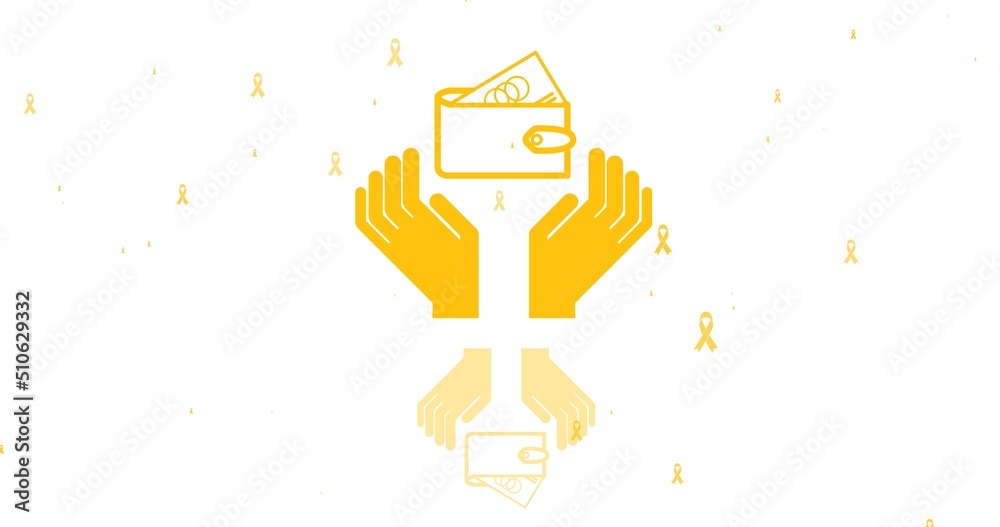 Illustration of yellow hands with wallet and awareness ribbons over white background, copy space