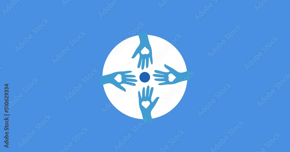 Illustration of blue hands with heart shapes in white circle over blue background, copy space