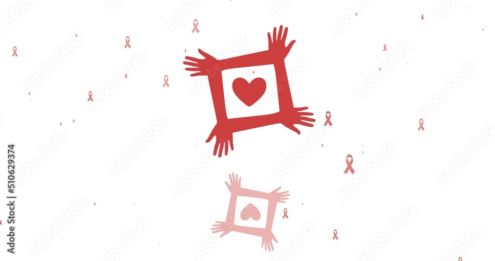 Illustration of heart with hands forming square shape and red awareness ribbons on white background