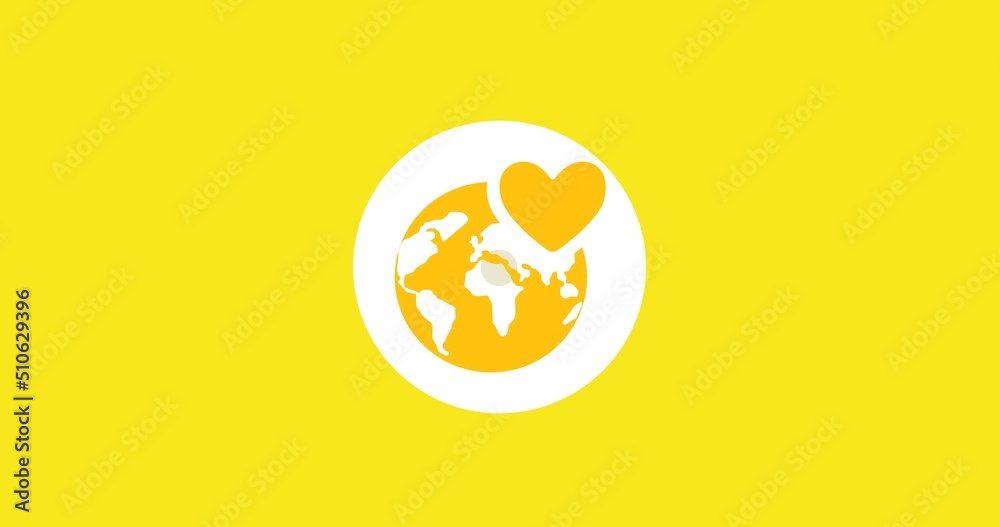 Illustration of yellow earth with heart shape in white circle against yellow background, copy space