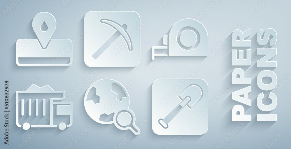 Set Magnifying glass with globe, Roulette construction, Mining dump truck, Shovel, Pickaxe and Oilfi