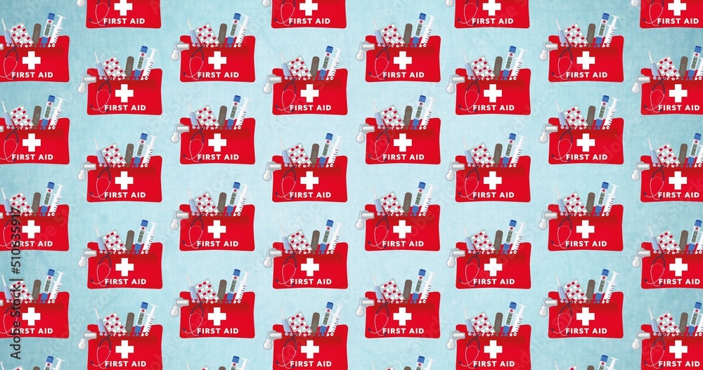 Full frame shot of first aid kits on blue background