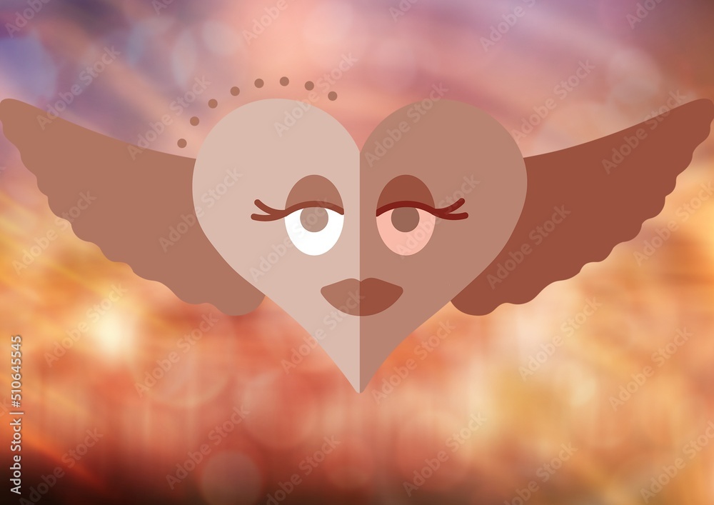 Eyes over heart with wings icon with copy space against pink gradient background