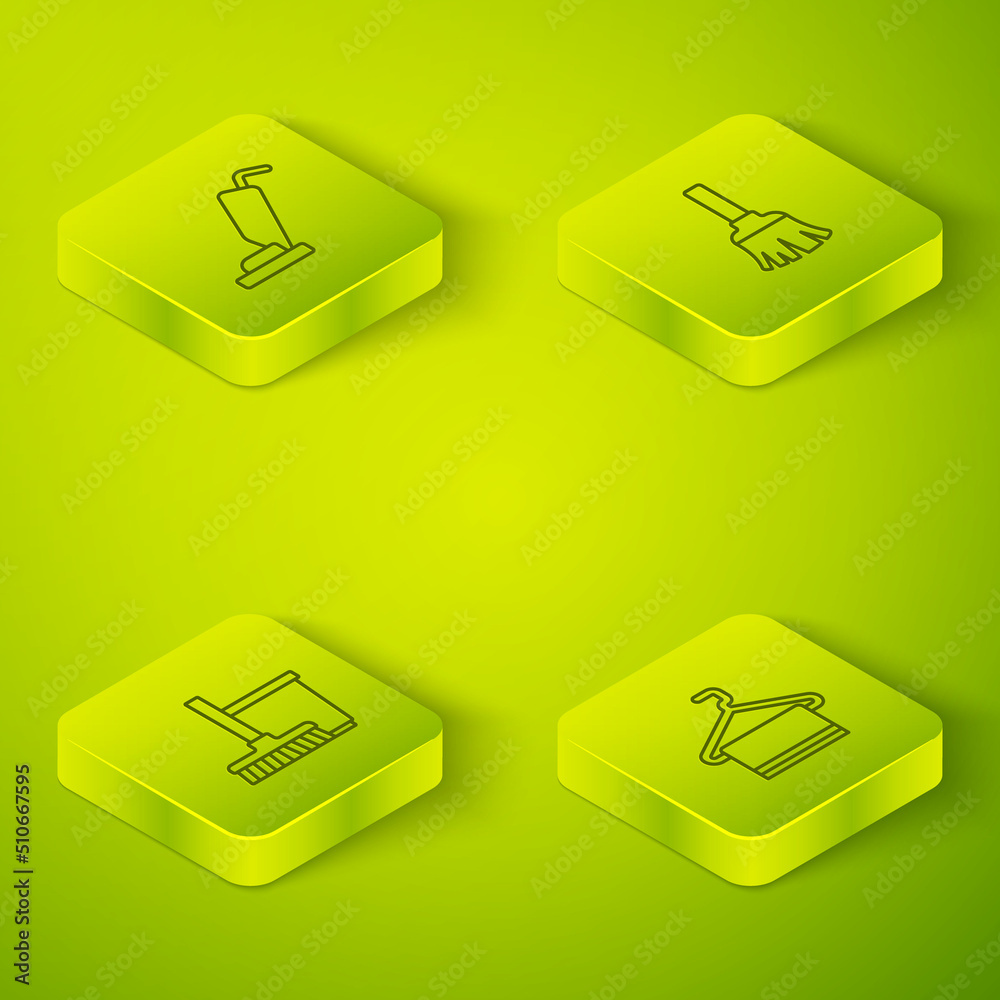 Set Isometric line Feather broom, Mop and bucket, Towel on hanger and Vacuum cleaner icon. Vector