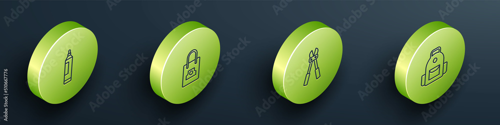 Set Isometric line Marker pen, Spray can nozzle cap, Bolt cutter and School backpack icon. Vector