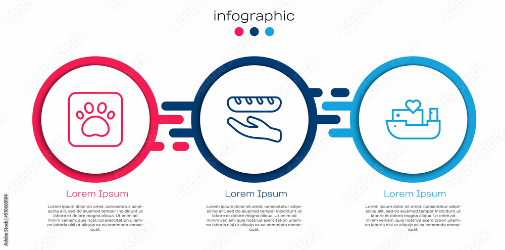 Set line Paw print，捐赠食品和人道主义船。商业信息图模板。Vector